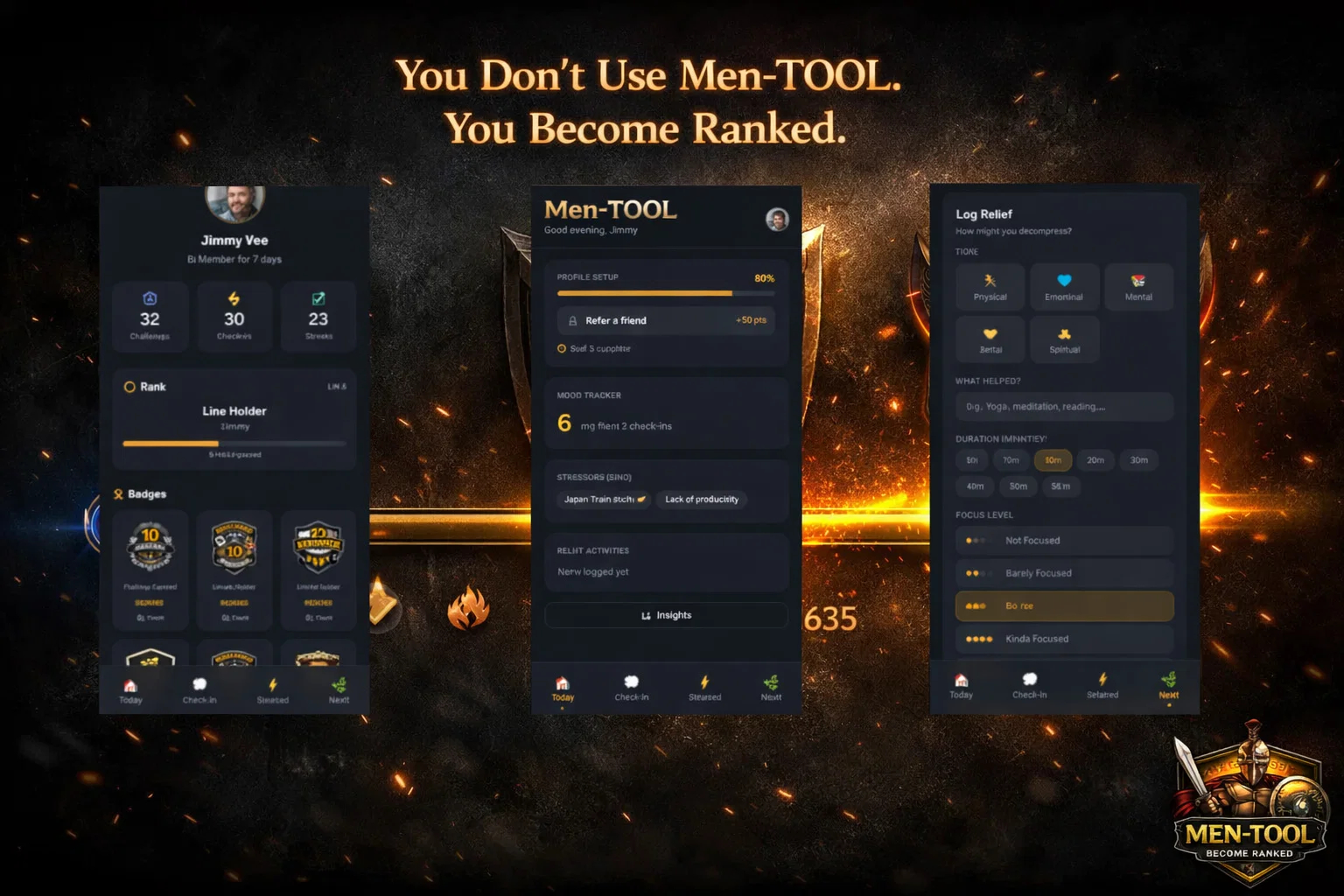 MEN-TOOL app: profile, dashboard, and log relief